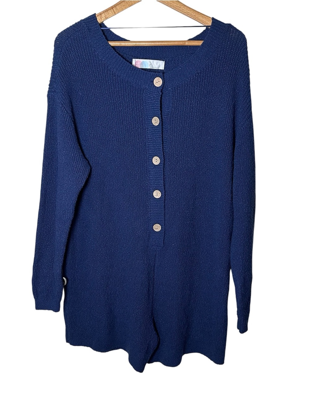 Free People Beach Blue Knit Sweater Romper Oversized Button Front S